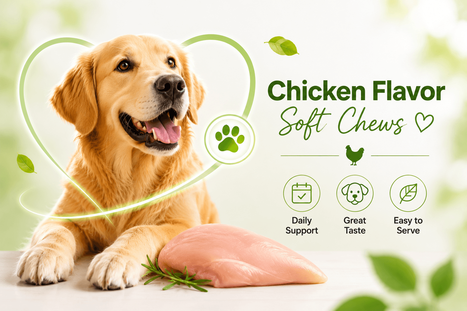 Chicken flavor dog soft chews image showing a happy dog with daily dog multivitamin supplement chews made for easy serving and everyday wellness.