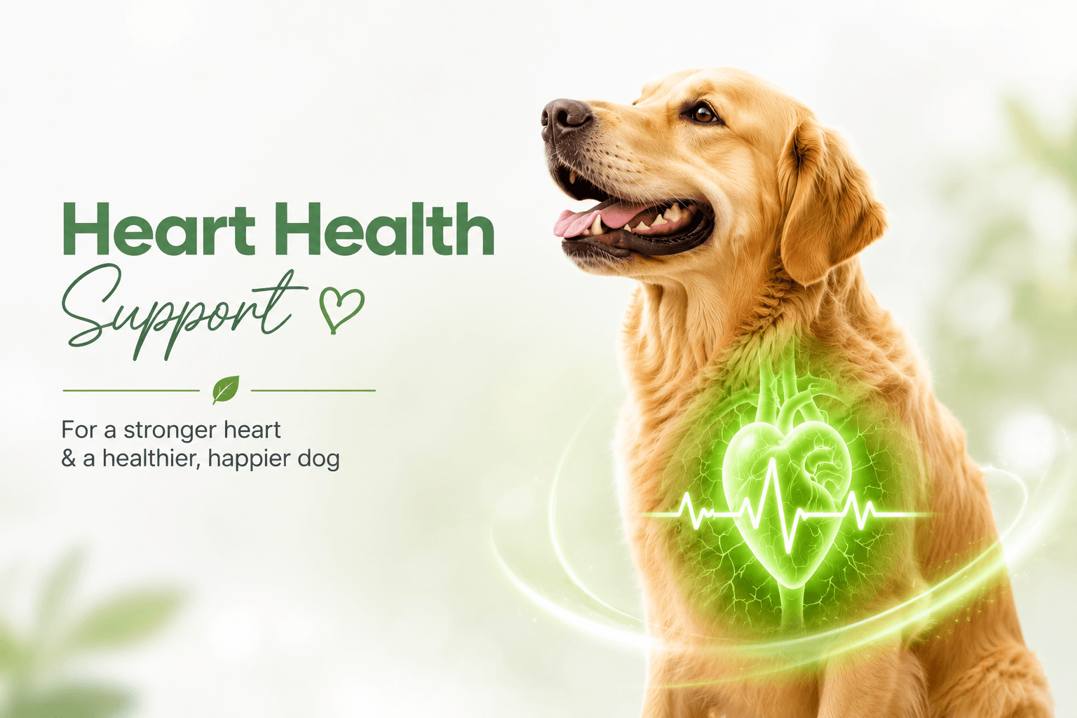 Dog heart health supplement image showing cardiovascular support for dogs with daily wellness ingredients like taurine, L-carnitine, salmon oil, and vitamins.