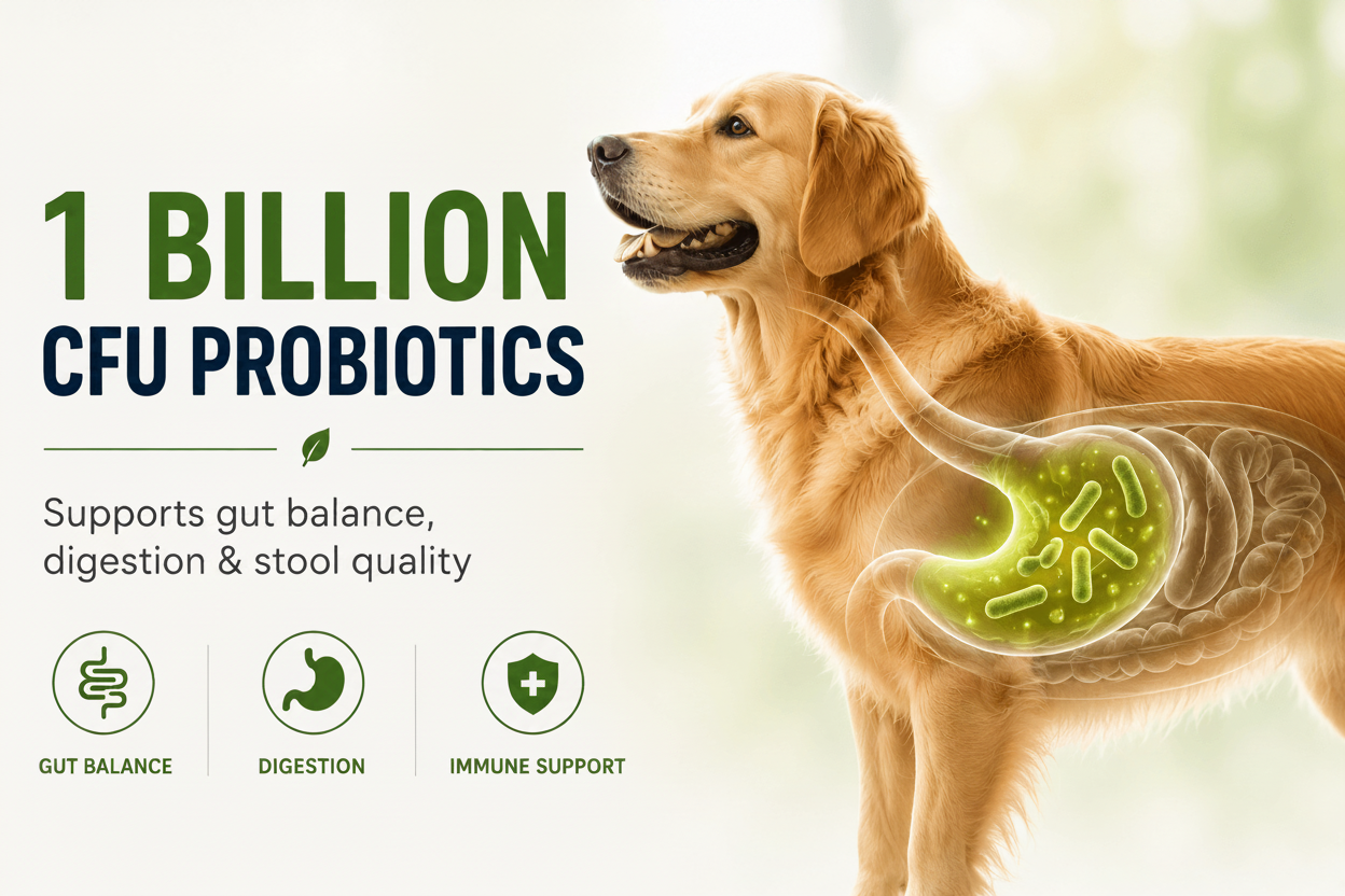 Dog probiotic supplement image showing 1  billion CFU probiotics supporting gut balance, digestion, stool quality, and immune support for dogs.