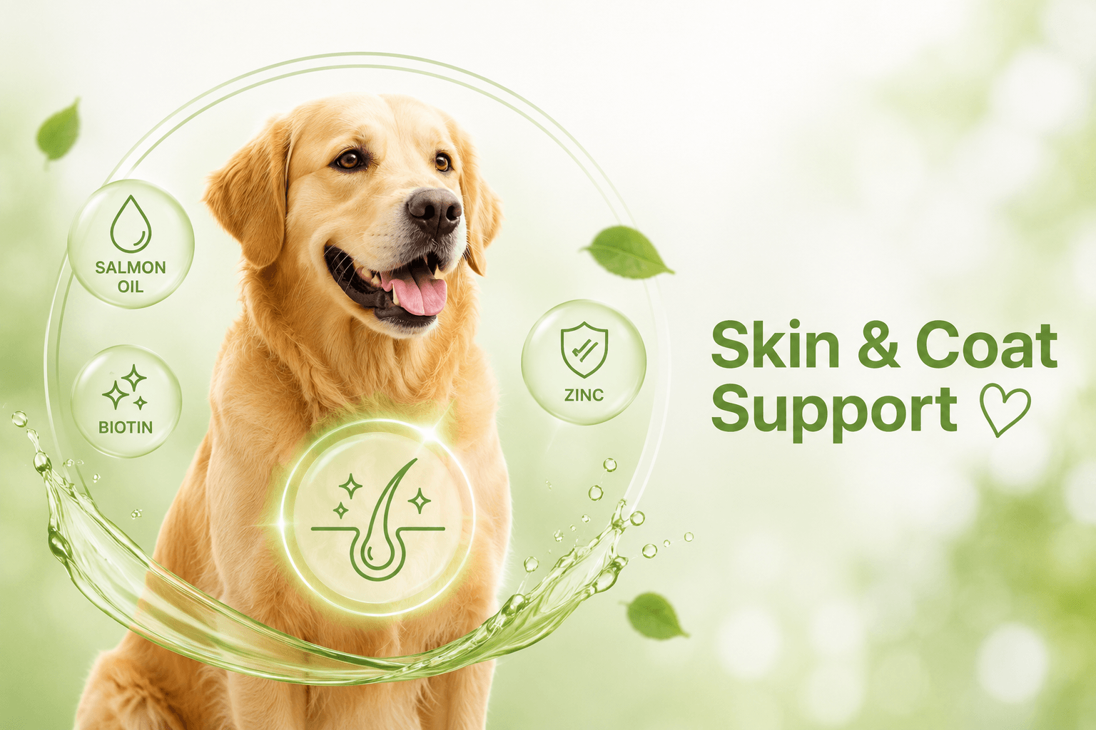 Dog skin and coat supplement image showing salmon oil, biotin, zinc, and vitamin support for healthy skin, coat strength, and shiny-looking fur.