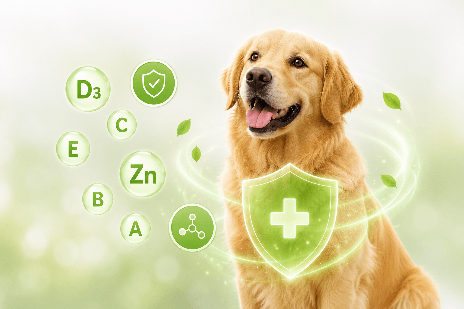 Dog vitamins and minerals image showing immune support, daily wellness, vitamin A, C, D3, E, B vitamins, zinc, and antioxidants for dogs.