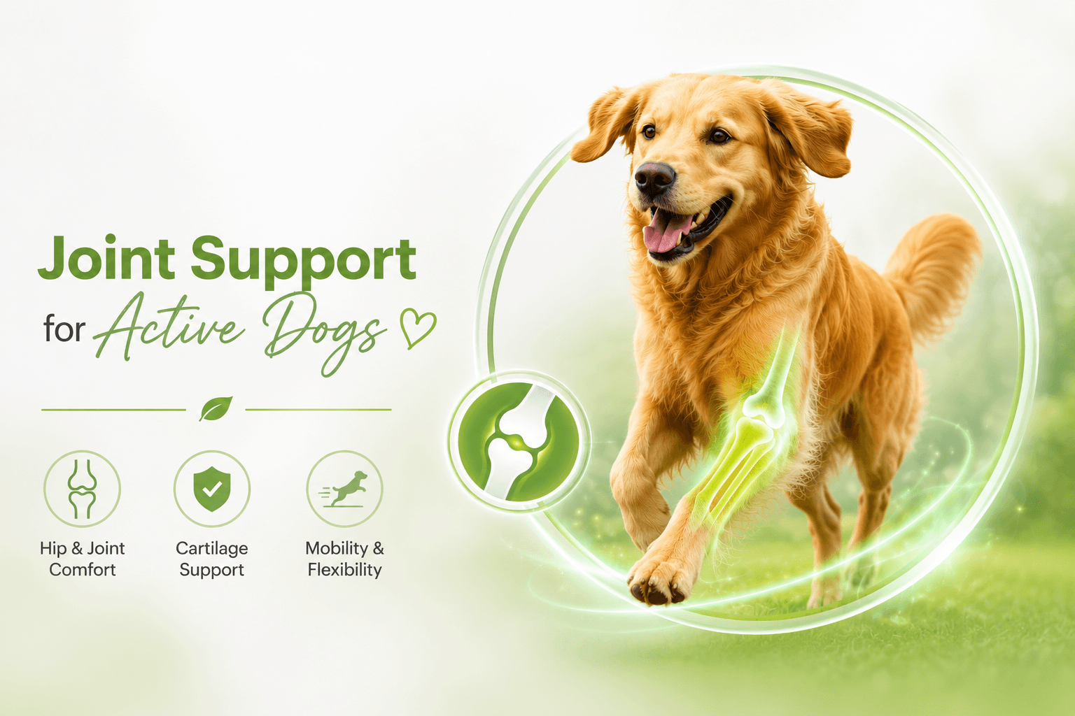 Joint supplements for dogs image showing glucosamine, chondroitin, MSM, and mobility support for healthy hips, joints, cartilage, and flexibility.