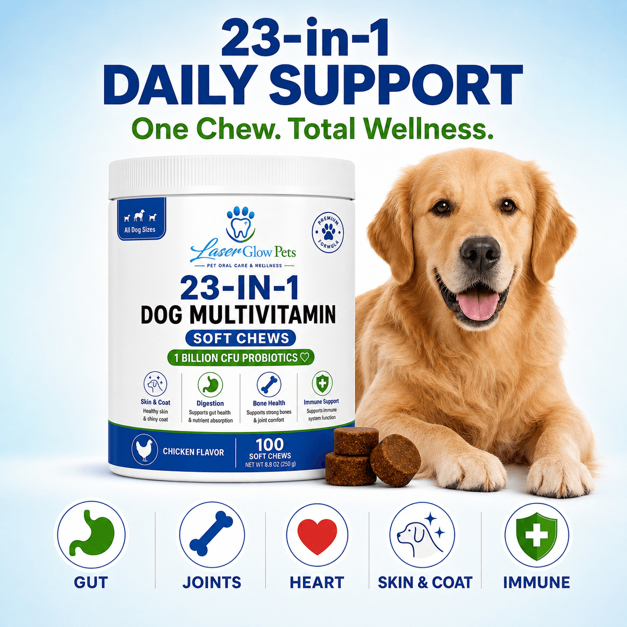 LaserGlow Pets 23-in-1 dog multivitamin daily support soft chews with 1 billion CFU probiotics, gut, joint, heart, skin and coat, and immune support for dogs.