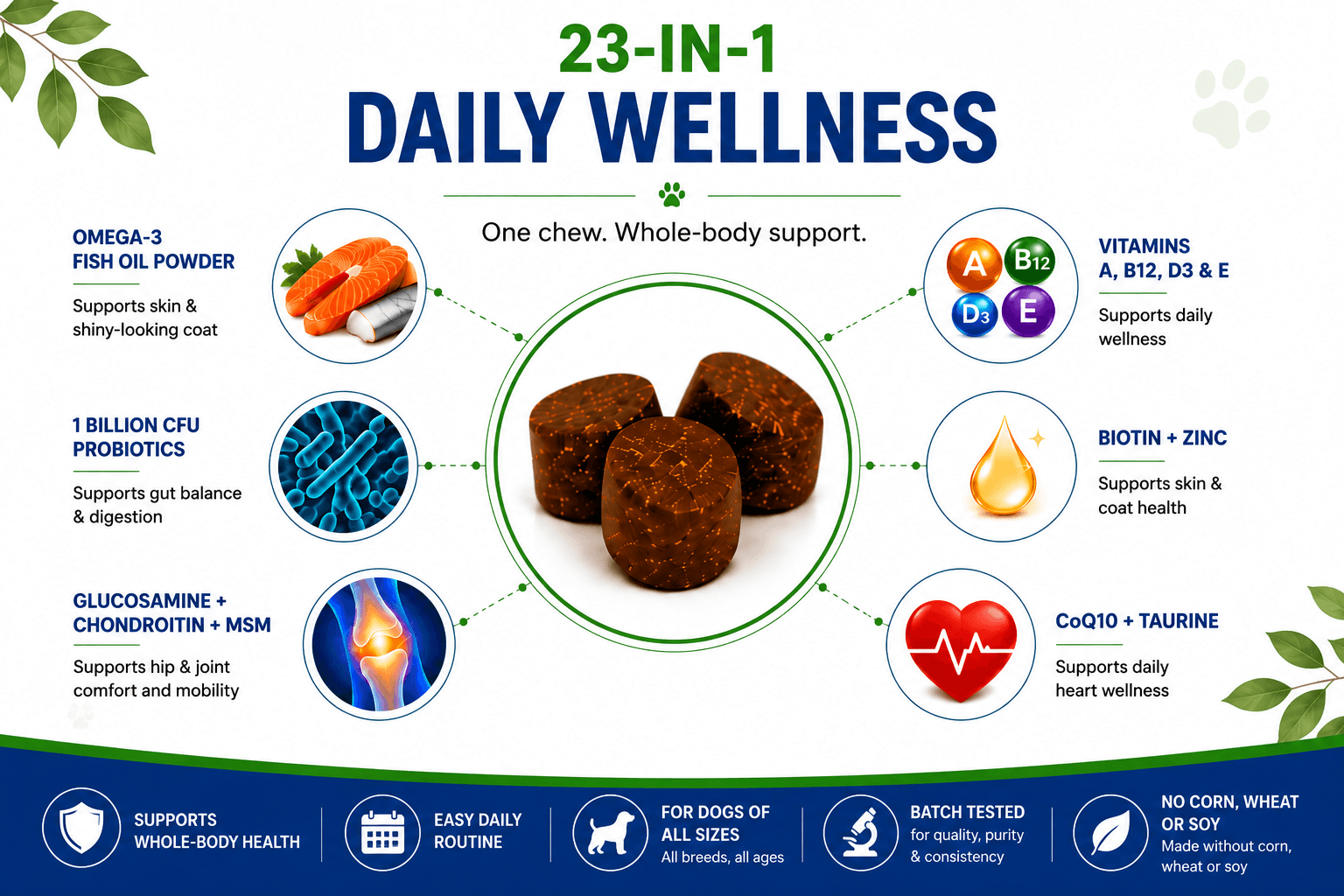 LaserGlow Pets 23-in-1 dog multivitamin daily wellness ingredients infographic with 1 billion CFU probiotics, omega-3 fish oil powder, glucosamine, chondroitin, MSM, biotin, zinc, CoQ10, and taurine.