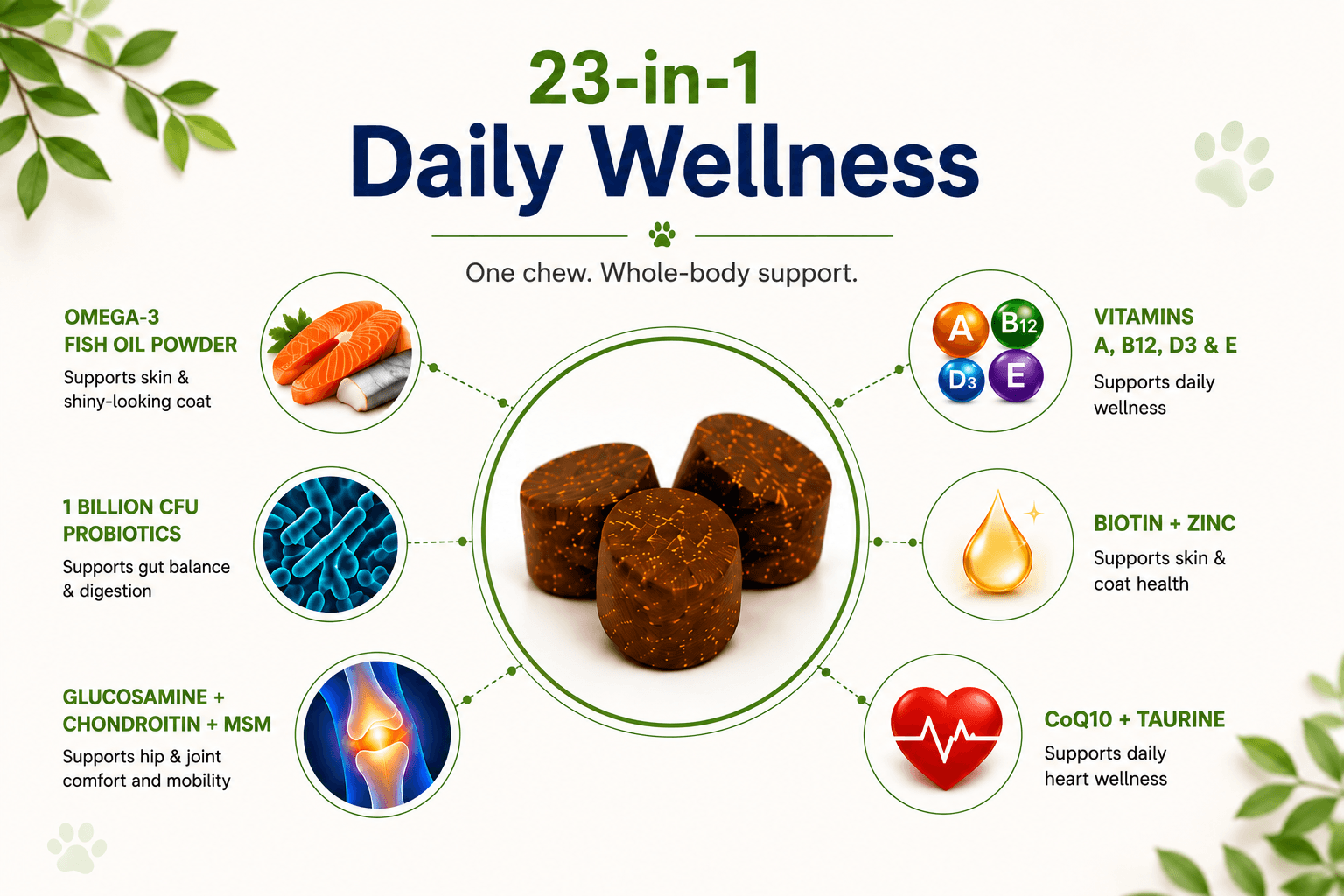 LaserGlow Pets 23-in-1 dog multivitamin daily wellness ingredients infographic with 1 billion CFU probiotics, omega-3 fish oil powder, glucosamine, chondroitin, MSM, biotin, zinc, CoQ10, and taurine for dogs.