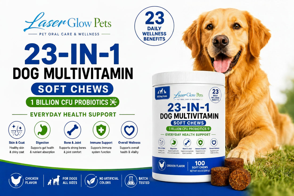 LaserGlow Pets 23-in-1 dog multivitamin soft chews with 1 billion CFU probiotics, chicken flavor, 100-count jar for dogs of all sizes